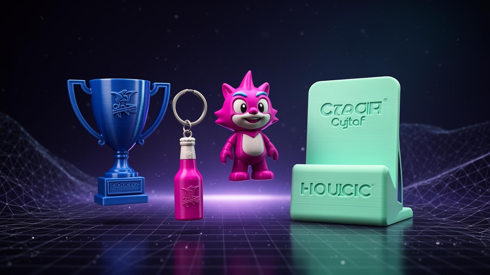Brindes 3D personalizados criados pela 3D Show: troféu, mascote, miniatura, chaveiro e display
